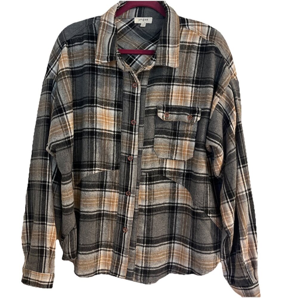 Umgee Oversized Black Brown Cream Plaid Shacket Wmns Sz L Soft Fabric Button Up